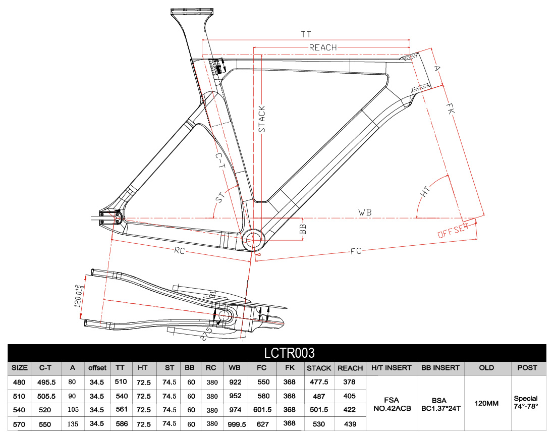 Cadre de vélo de piste en carbone LCTR003 Géométrie